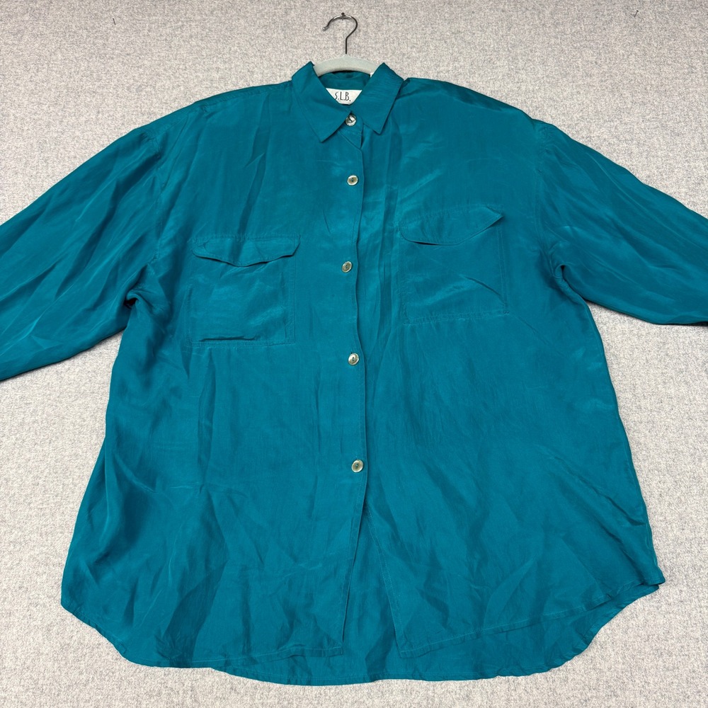 S.L.B. Silk Button Down Shirt Large Teal Blue Oversized Long Sleeve Flap Pockets